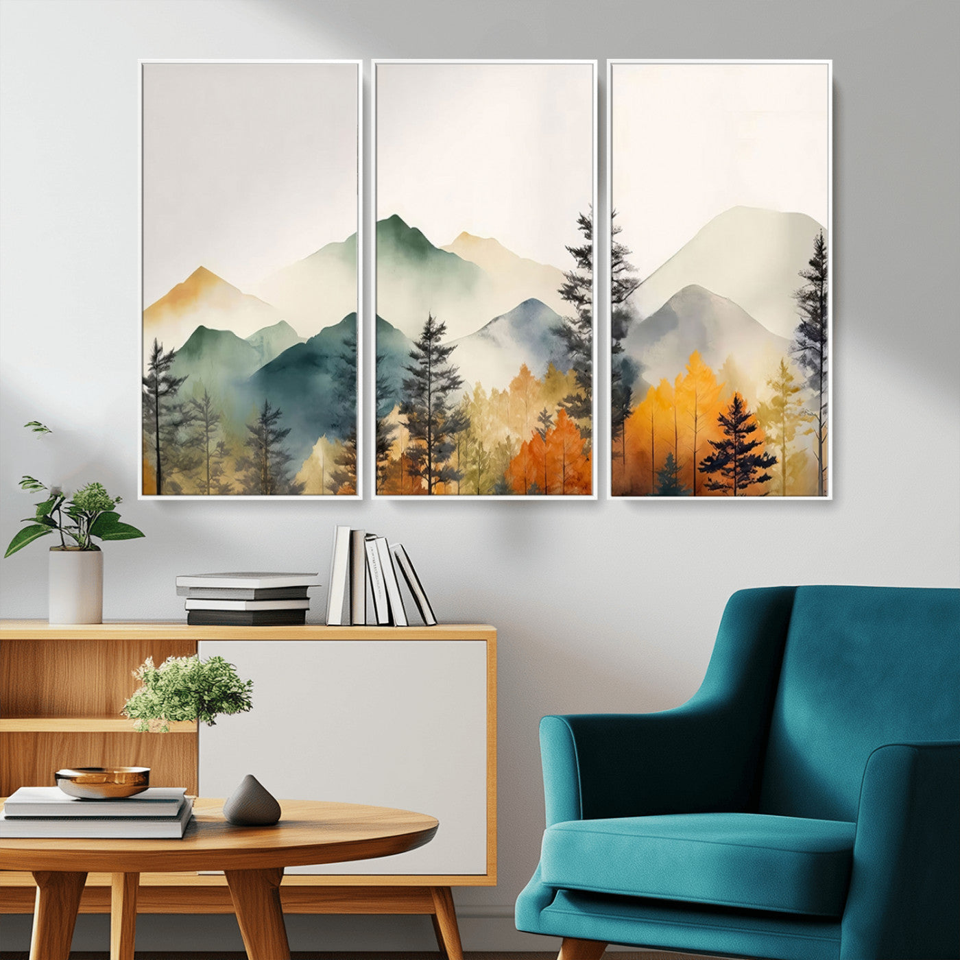 Abstract Watercolor Mountains and Trees Autumn Wall Art,