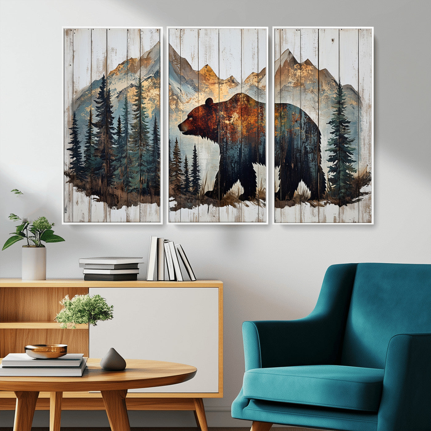 Rustic Grizzly 399 Bear and Mountain Wood Canvas Wall Art -