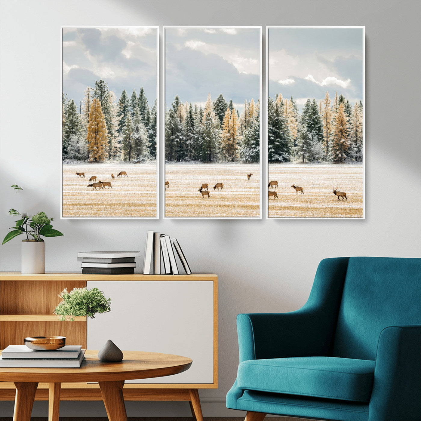 Elk Herd Wall Art – Framed Snowy Forest Canvas Artwork,