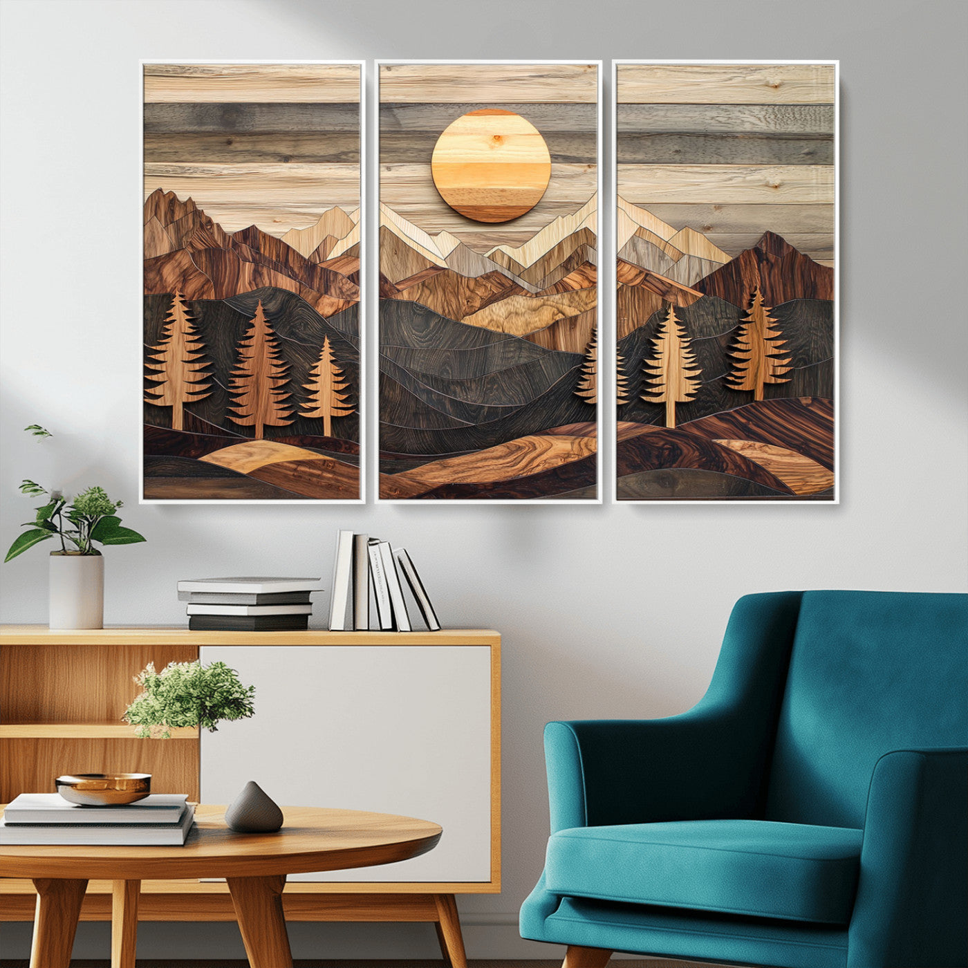 Wooden Mountain Layers Art – Rustic Pine Tree Landscape