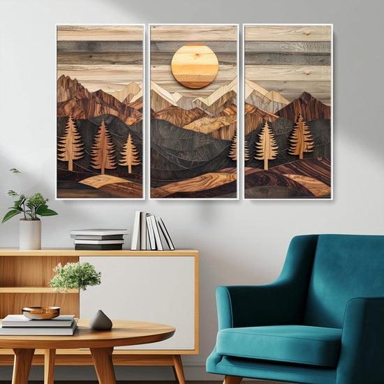 Wooden Mountain Layers Art – Rustic Pine Tree Landscape