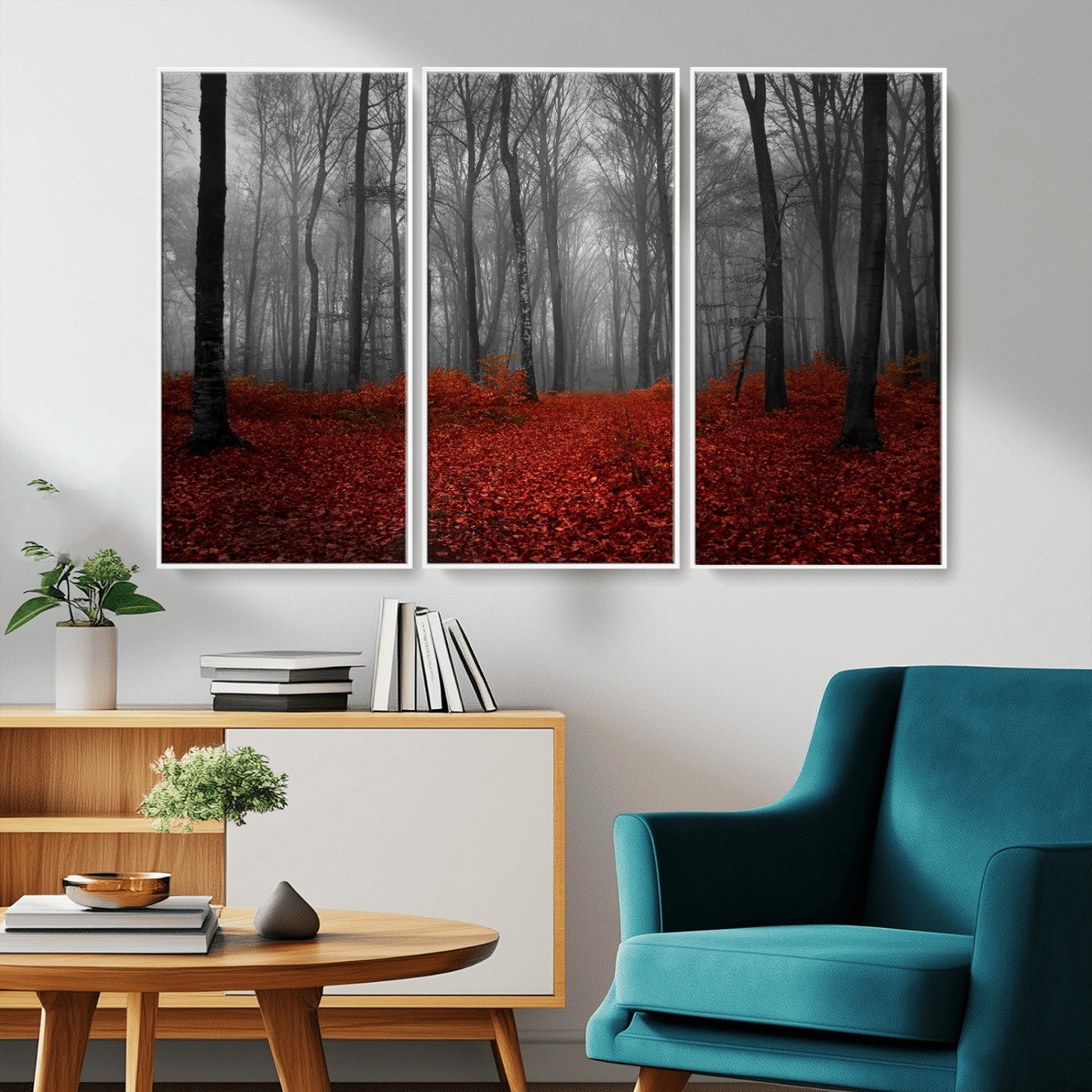 Red Forest Floor Canvas Wall Art – Mystical Foggy Woodland