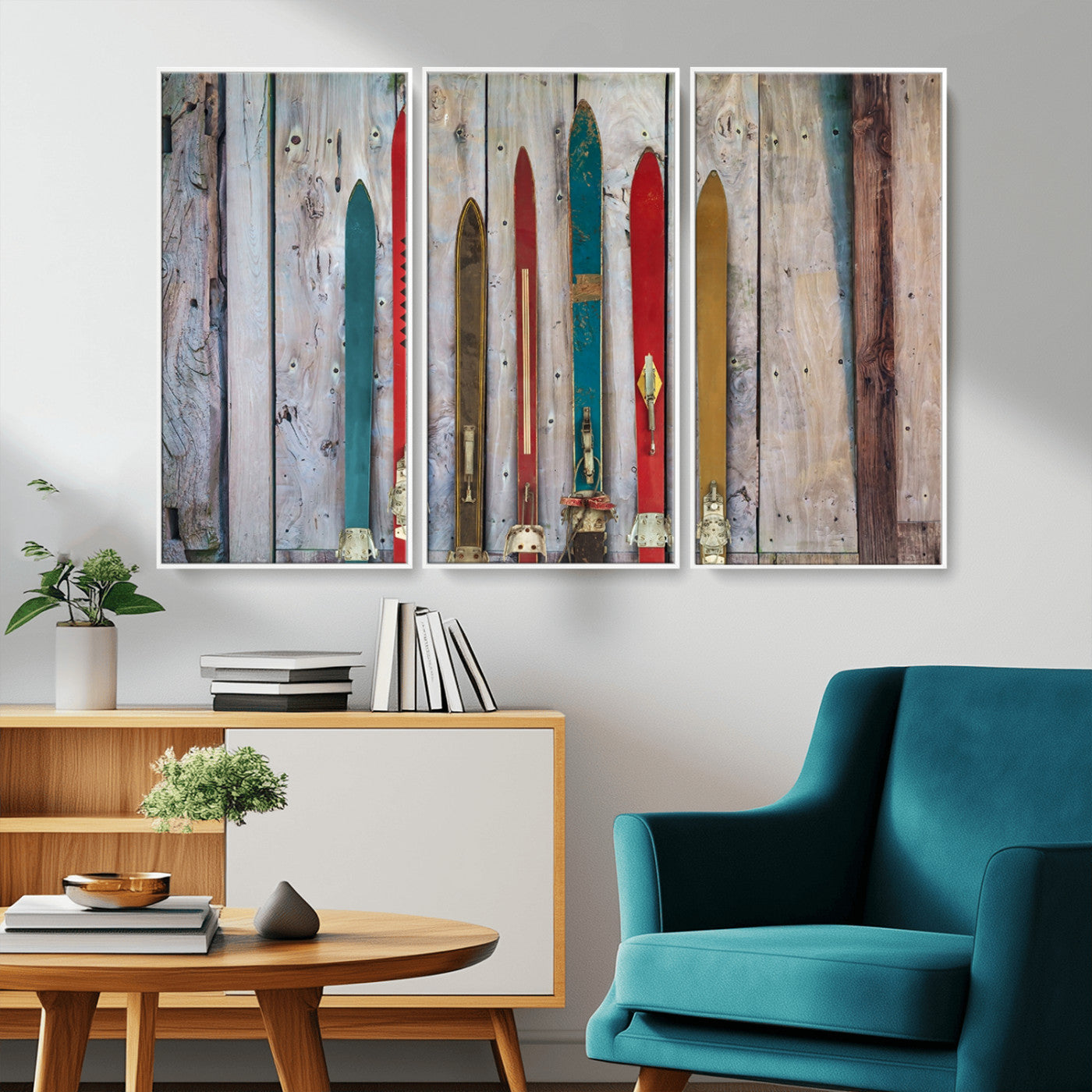 Vintage Wooden Weathered Ski's in Front of an Old Barn Wall