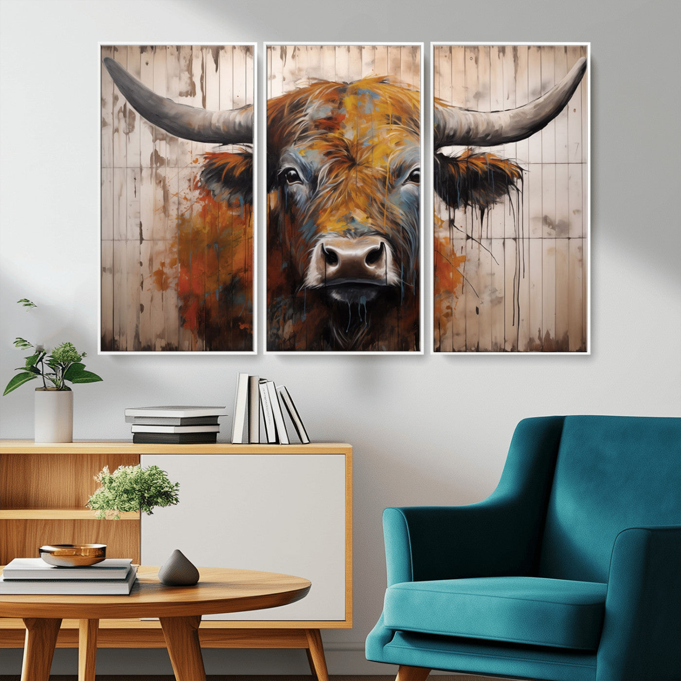 Scottish Highland Cow Cattle Art Print on Wood Style