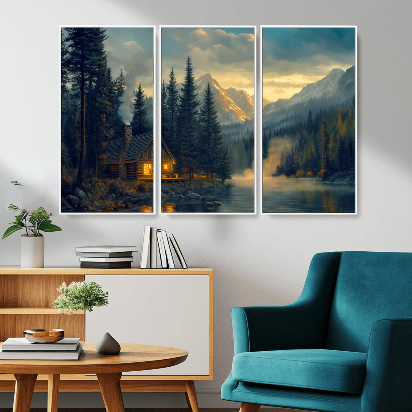 Mountain Cabin by the Lake at Sunset Wall Art - Serene