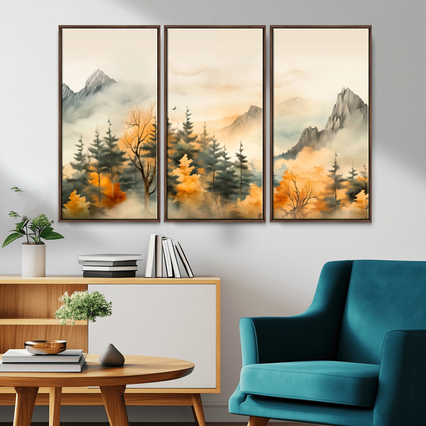 Abstract Watercolor Mountains and Trees Autumn Art,