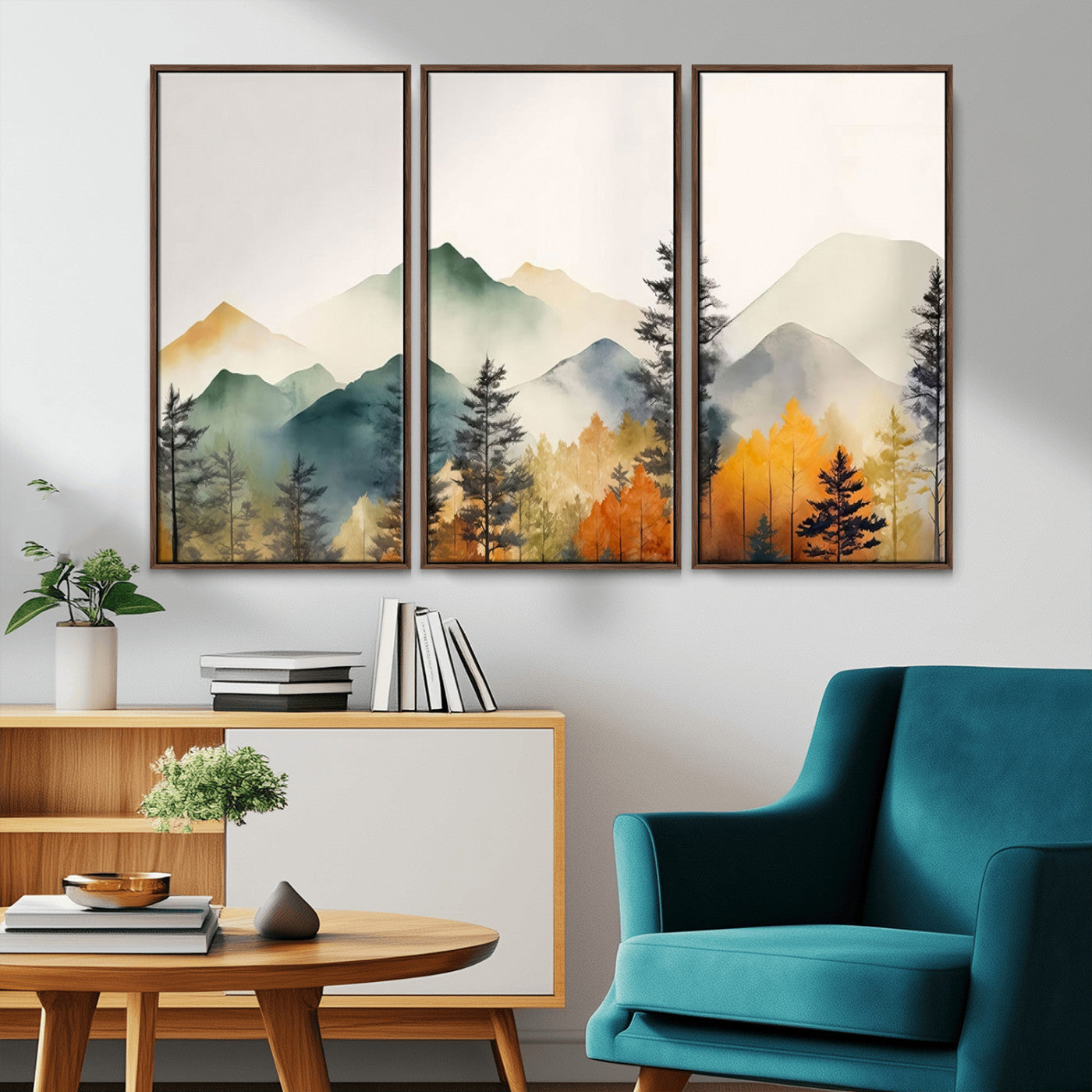 Abstract Watercolor Mountains and Trees Autumn Wall Art,