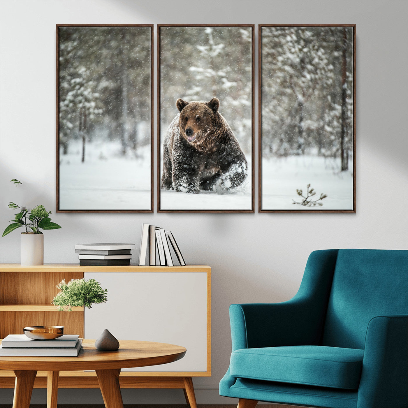 Grizzly Bear Wall Art – Framed Snowy Forest Canvas Artwork,