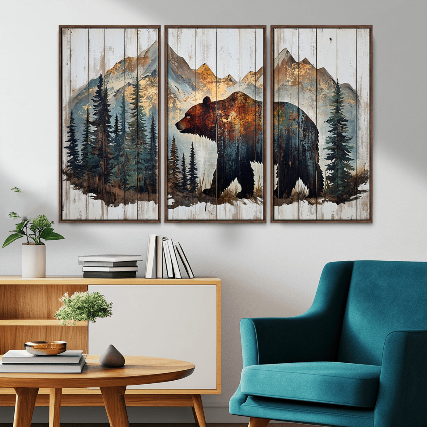 Rustic Grizzly 399 Bear and Mountain Wood Canvas Wall Art -