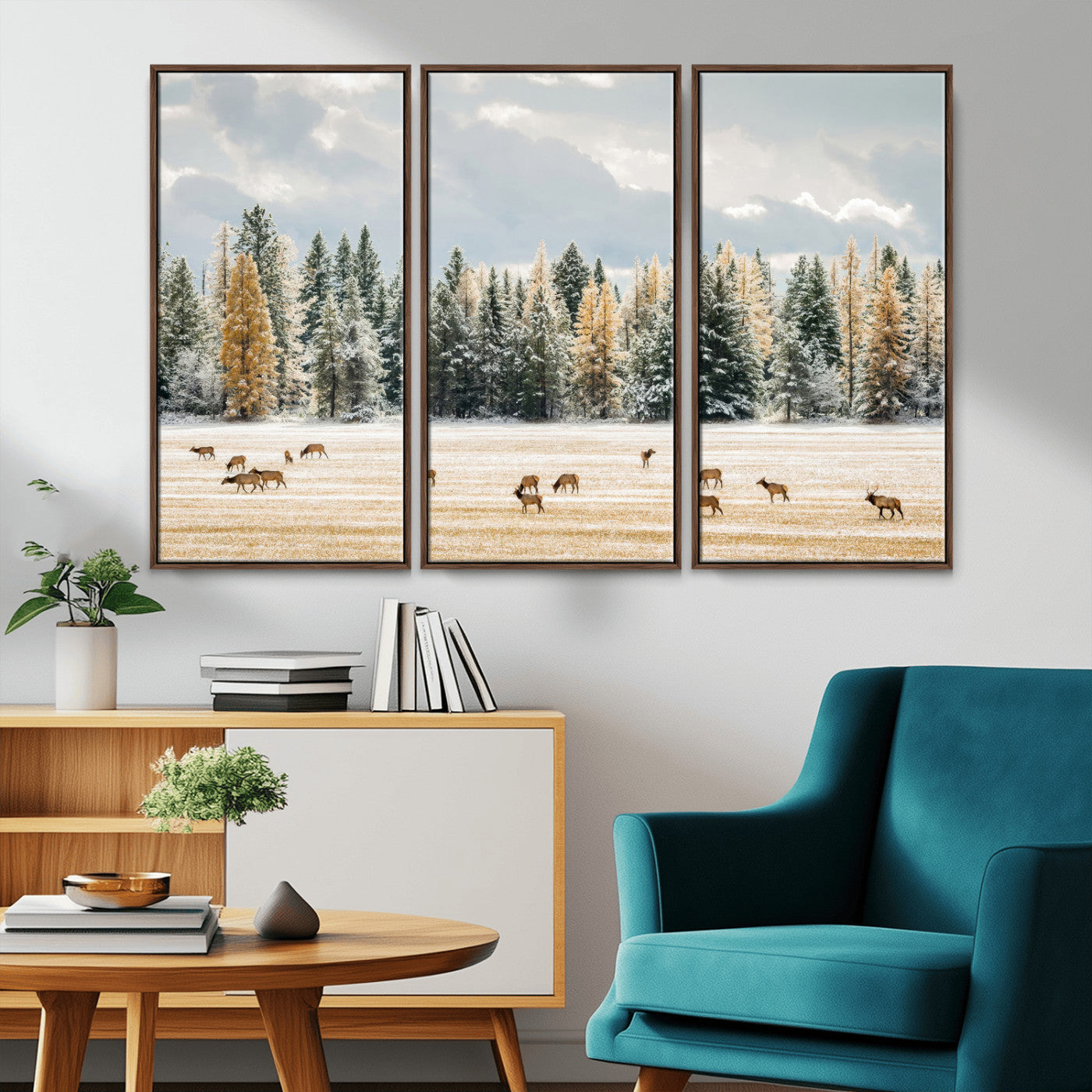 Elk Herd Wall Art – Framed Snowy Forest Canvas Artwork,