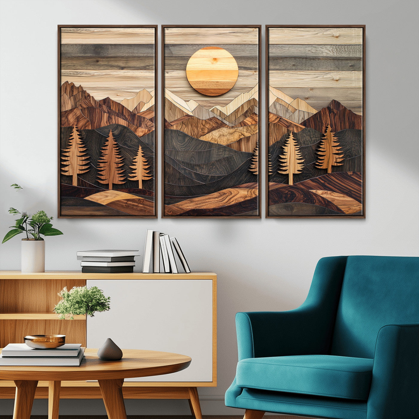 Wooden Mountain Layers Art – Rustic Pine Tree Landscape