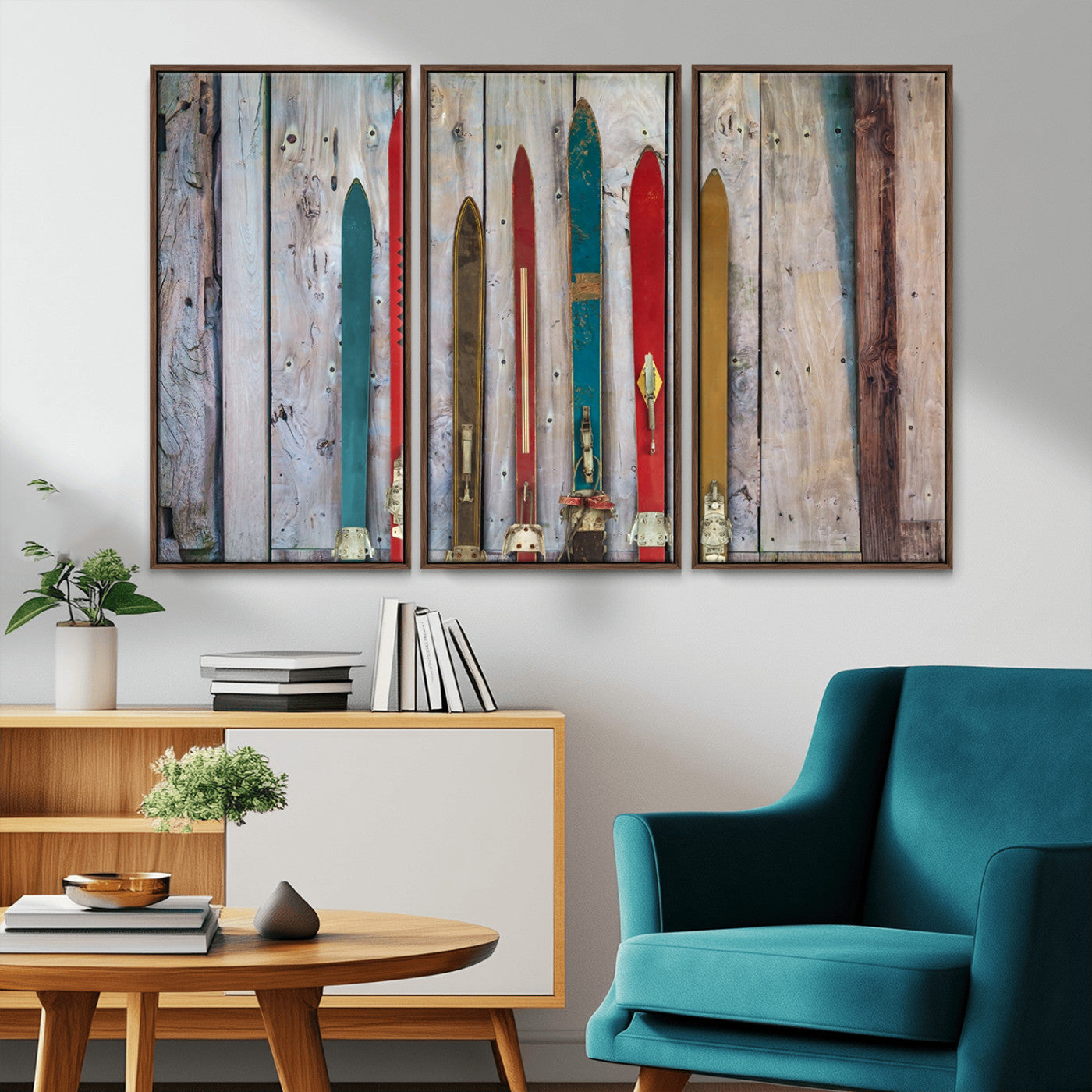 Vintage Wooden Weathered Ski's in Front of an Old Barn Wall