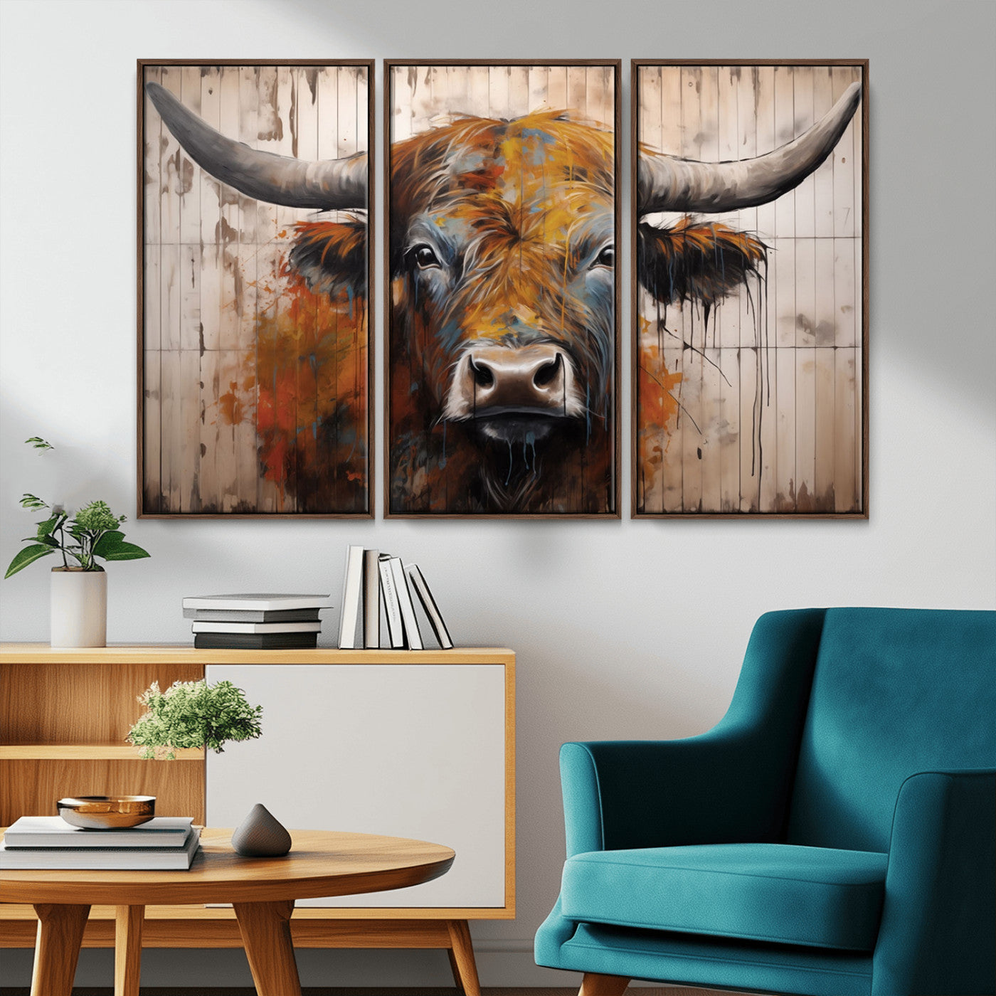 Scottish Highland Cow Cattle Art Print on Wood Style