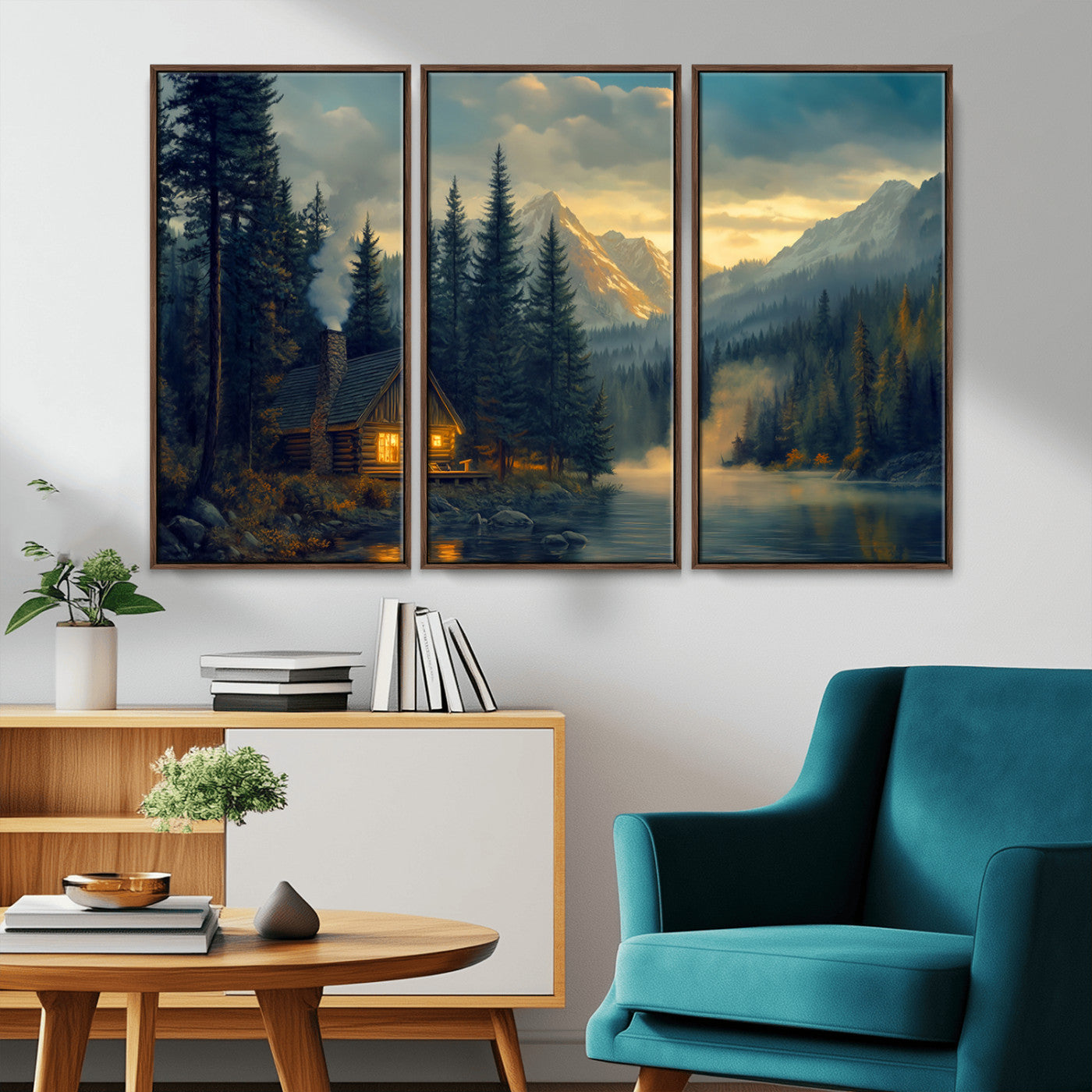 Mountain Cabin by the Lake at Sunset Wall Art - Serene