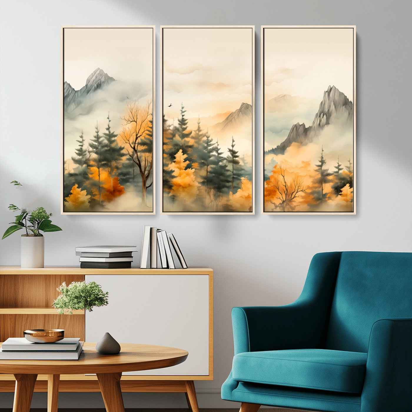 Abstract Watercolor Mountains and Trees Autumn Art,