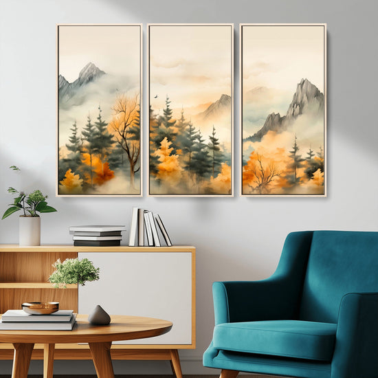 Abstract Watercolor Mountains and Trees Autumn Art,