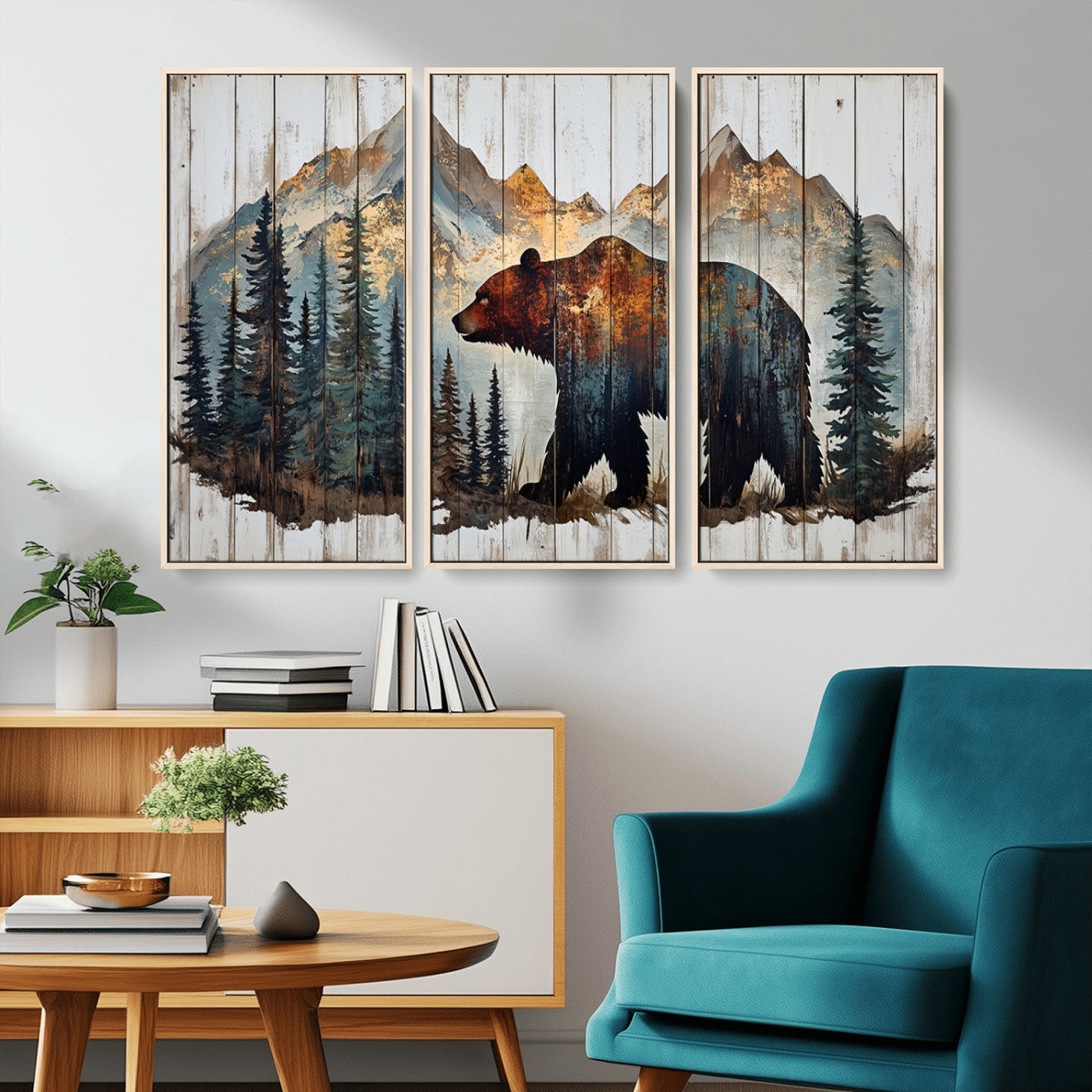 Rustic Grizzly 399 Bear and Mountain Wood Canvas Wall Art -