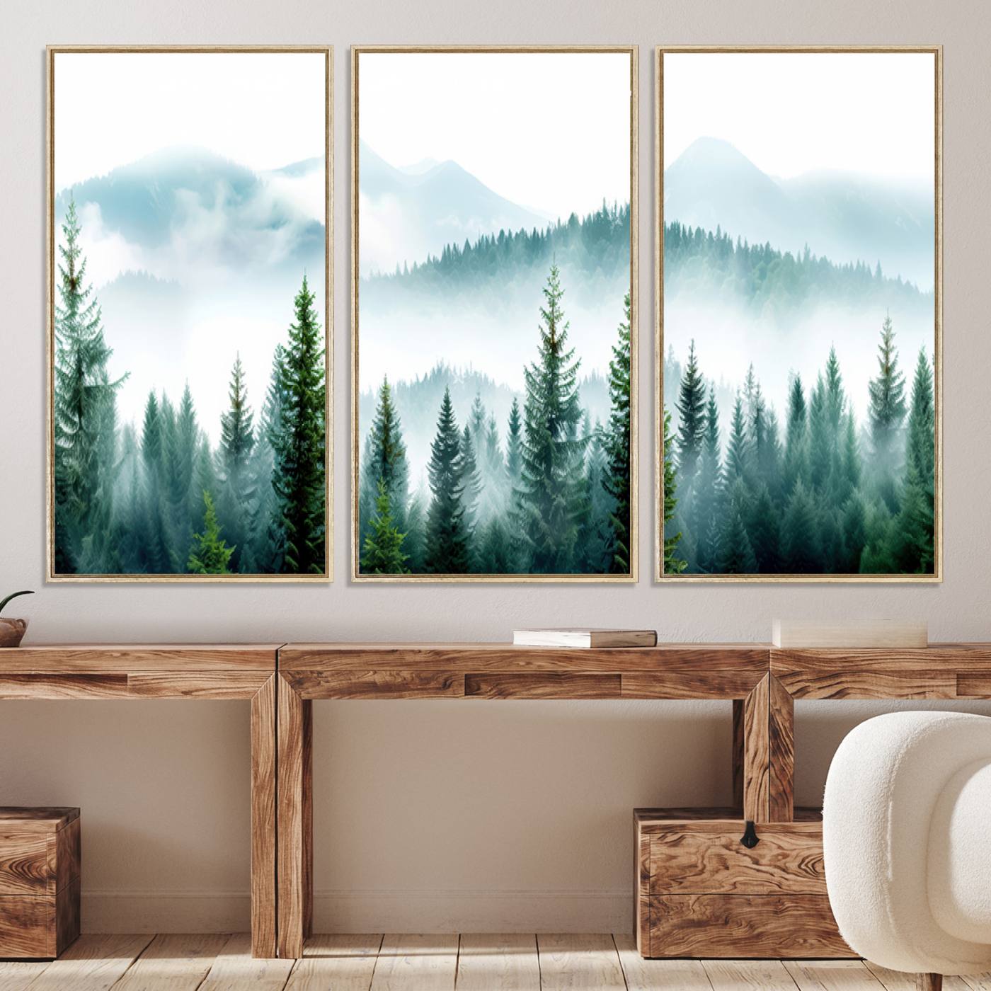 Pine Forest Wall Art Canvas Print – Misty Mountains Foggy