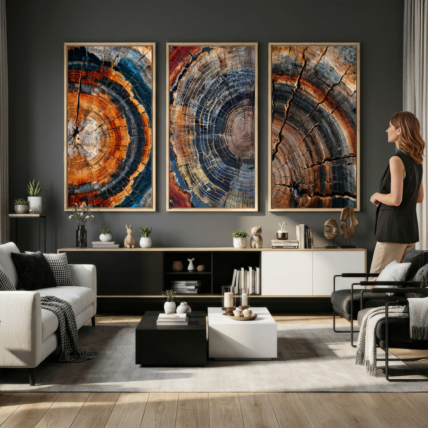 Tree Ring Triptych Canvas Wall Art — Set of 3 Wood Grain