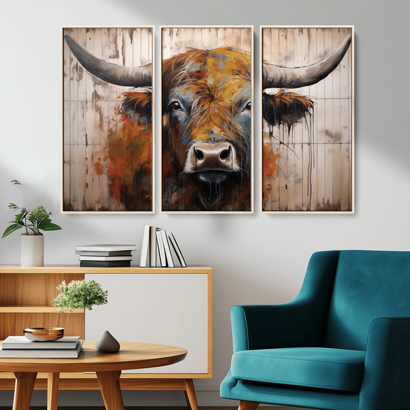 Scottish Highland Cow Cattle Art Print on Wood Style