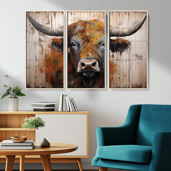 Scottish Highland Cow Cattle Art Print on Wood Style