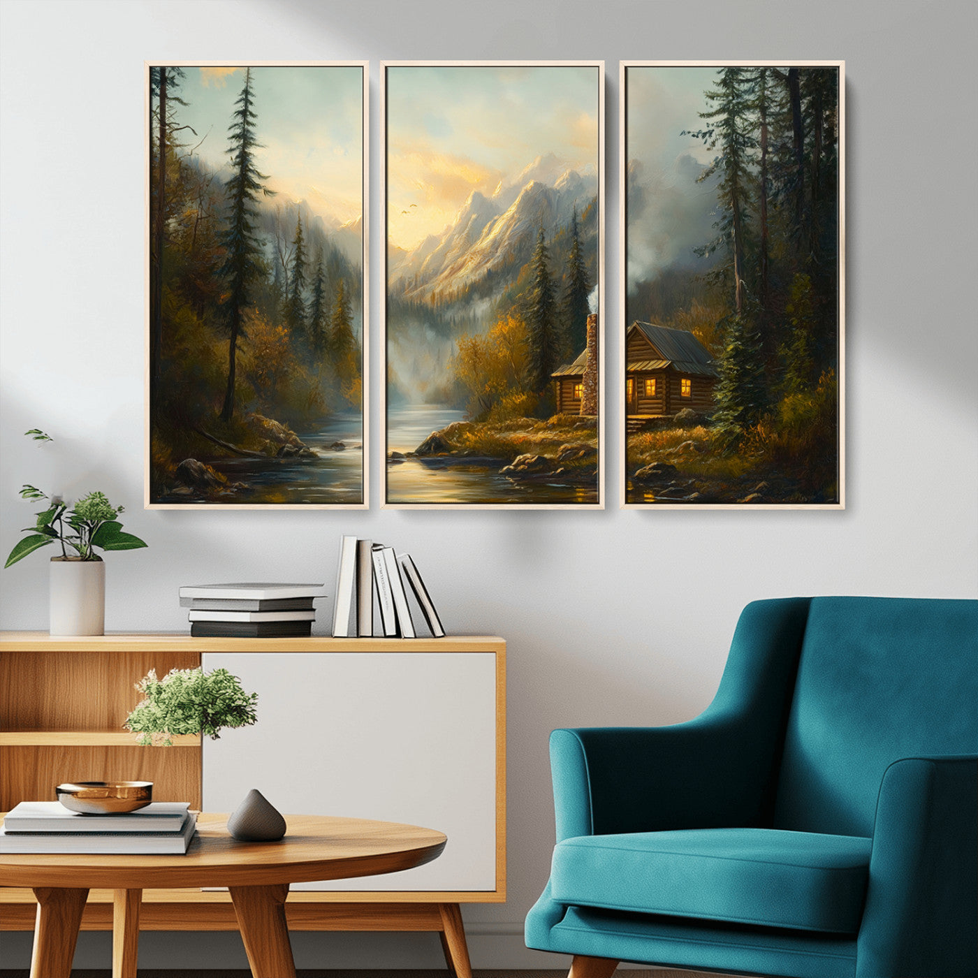 Wood Cabin Retreat Mountain at Sunset Wall Art Print -