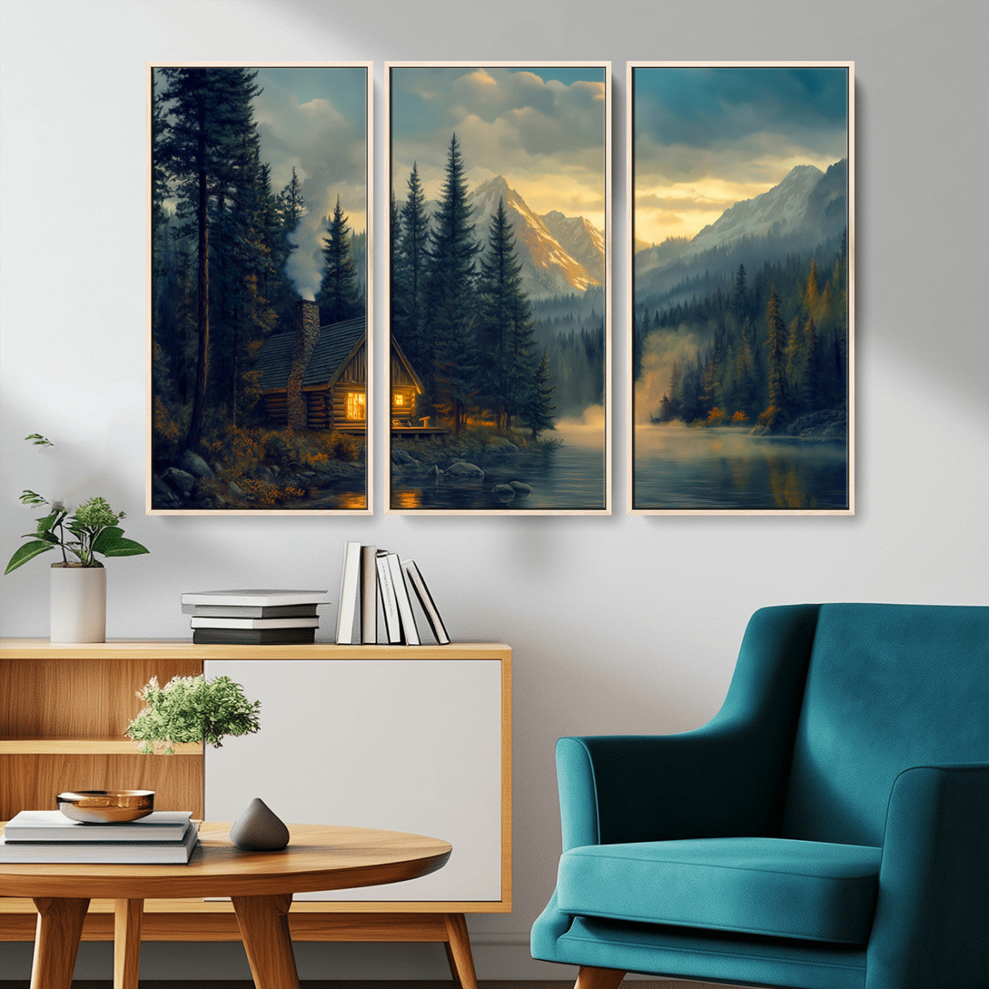 Mountain Cabin by the Lake at Sunset Wall Art - Serene