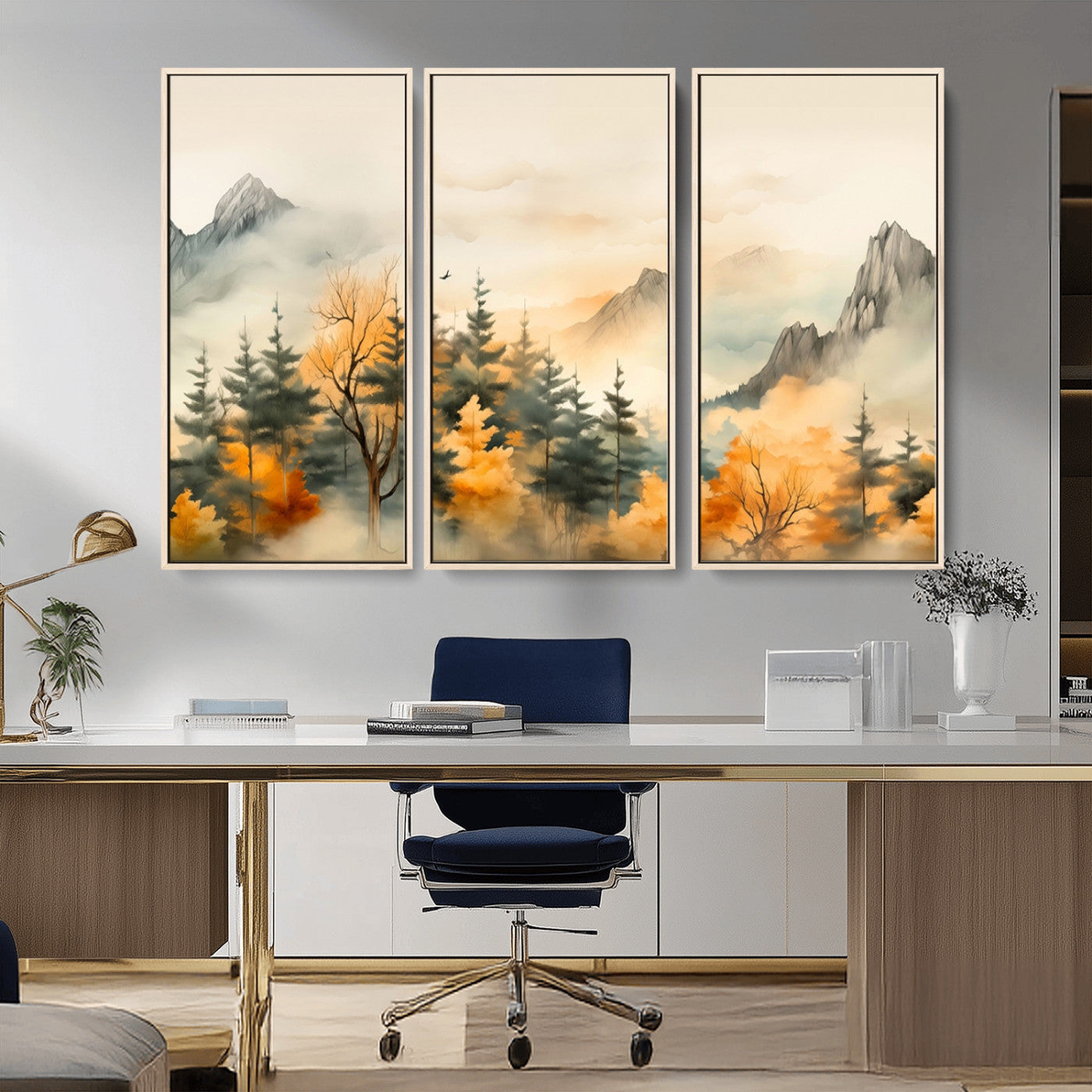 Abstract Watercolor Mountains and Trees Autumn Art,