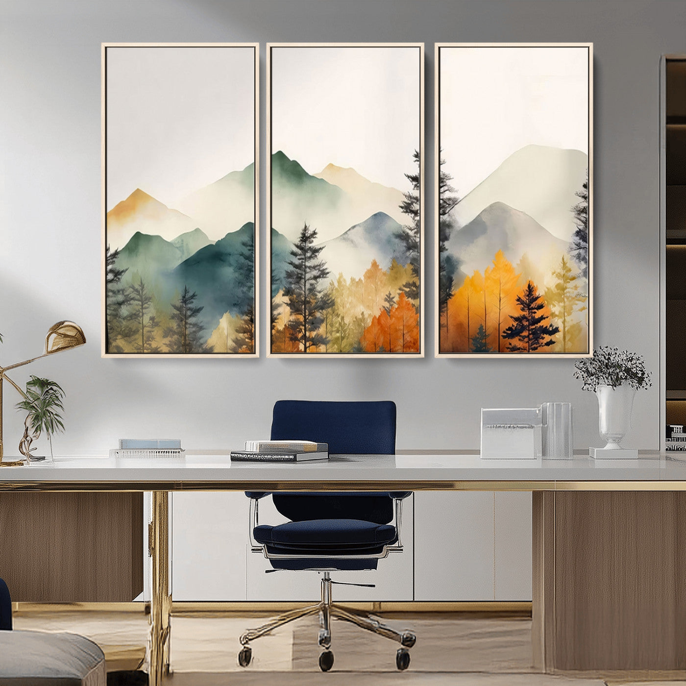 Abstract Watercolor Mountains and Trees Autumn Wall Art,