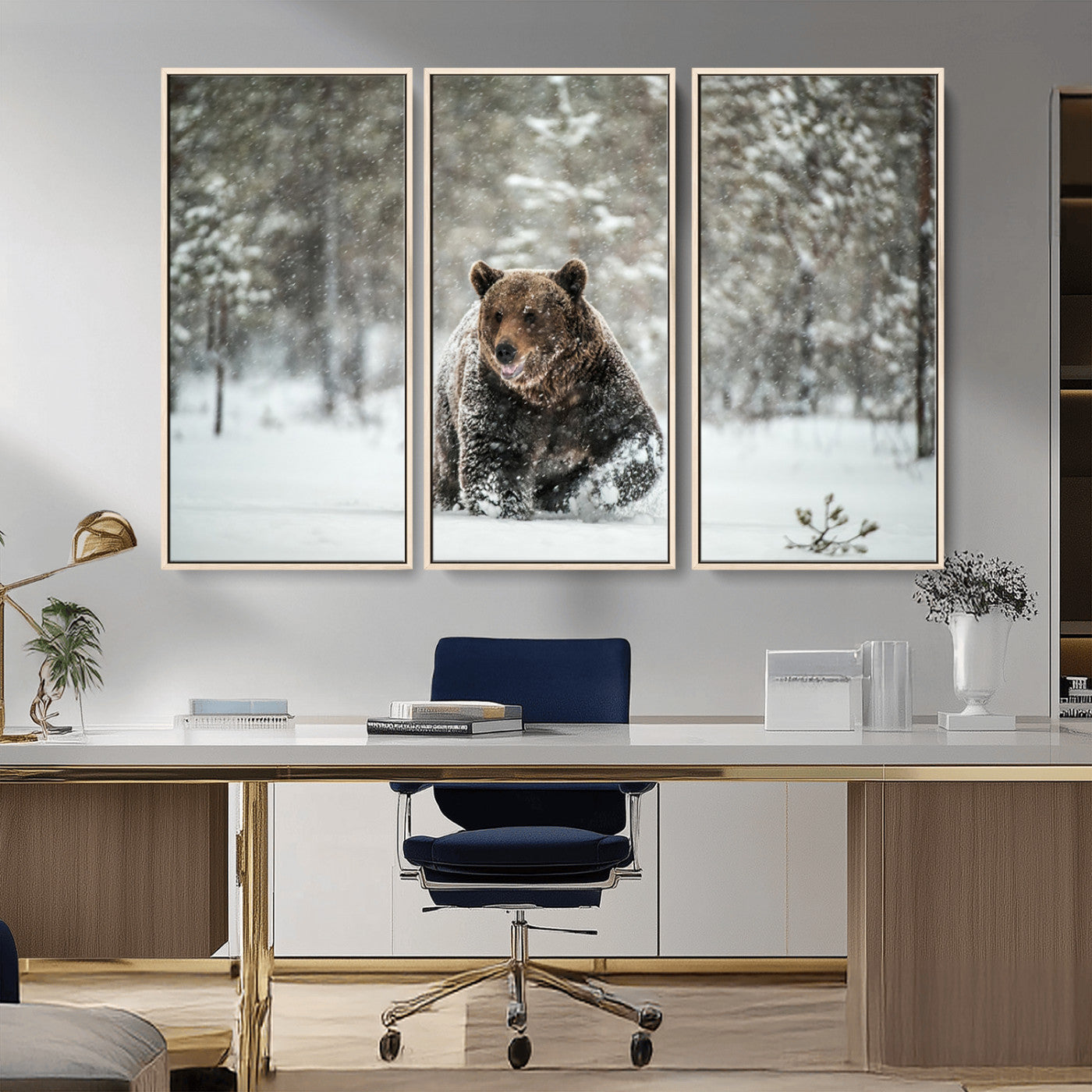 Grizzly Bear Wall Art – Framed Snowy Forest Canvas Artwork,