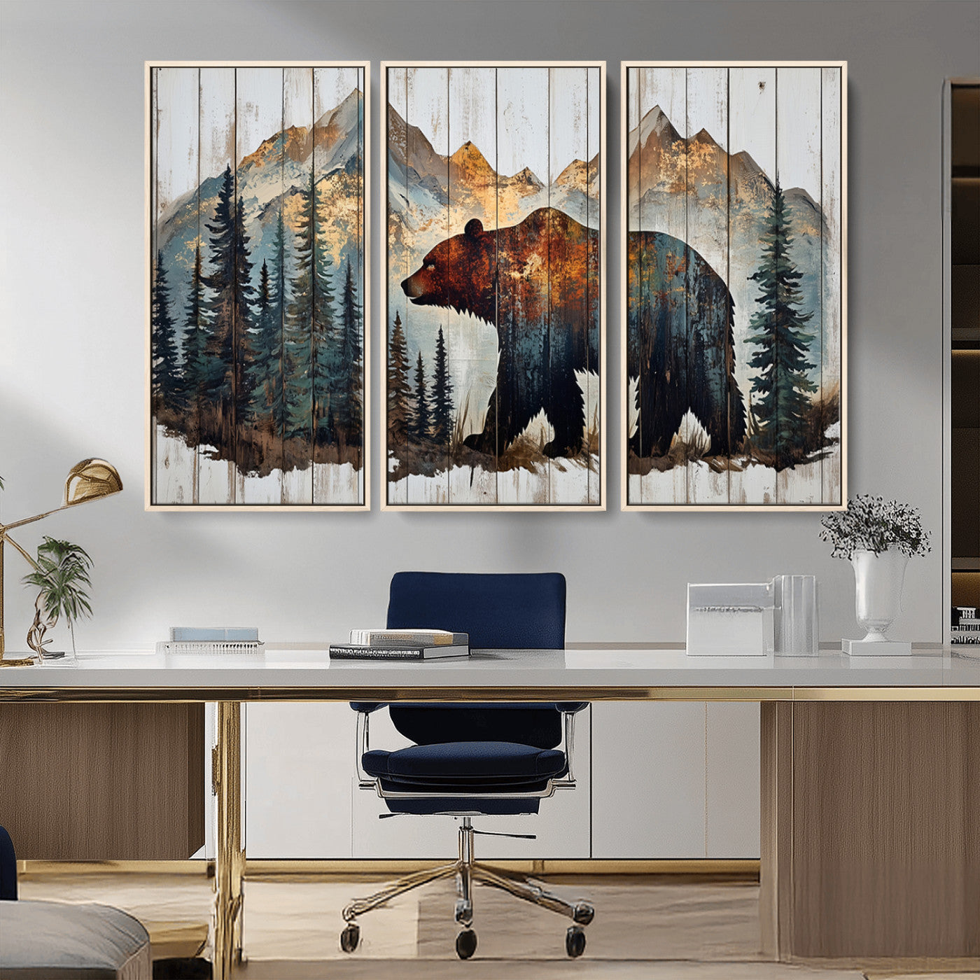 Rustic Grizzly 399 Bear and Mountain Wood Canvas Wall Art -
