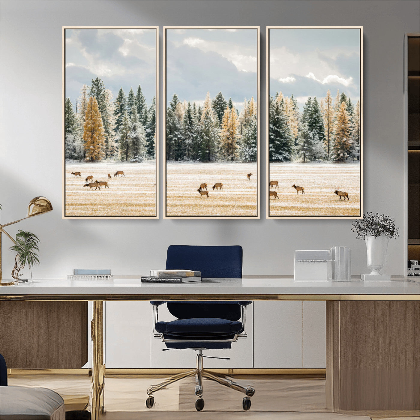 Elk Herd Wall Art – Framed Snowy Forest Canvas Artwork,