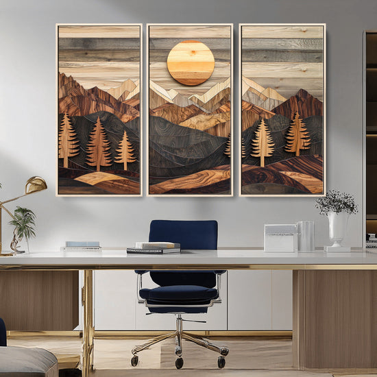 Wooden Mountain Layers Art – Rustic Pine Tree Landscape