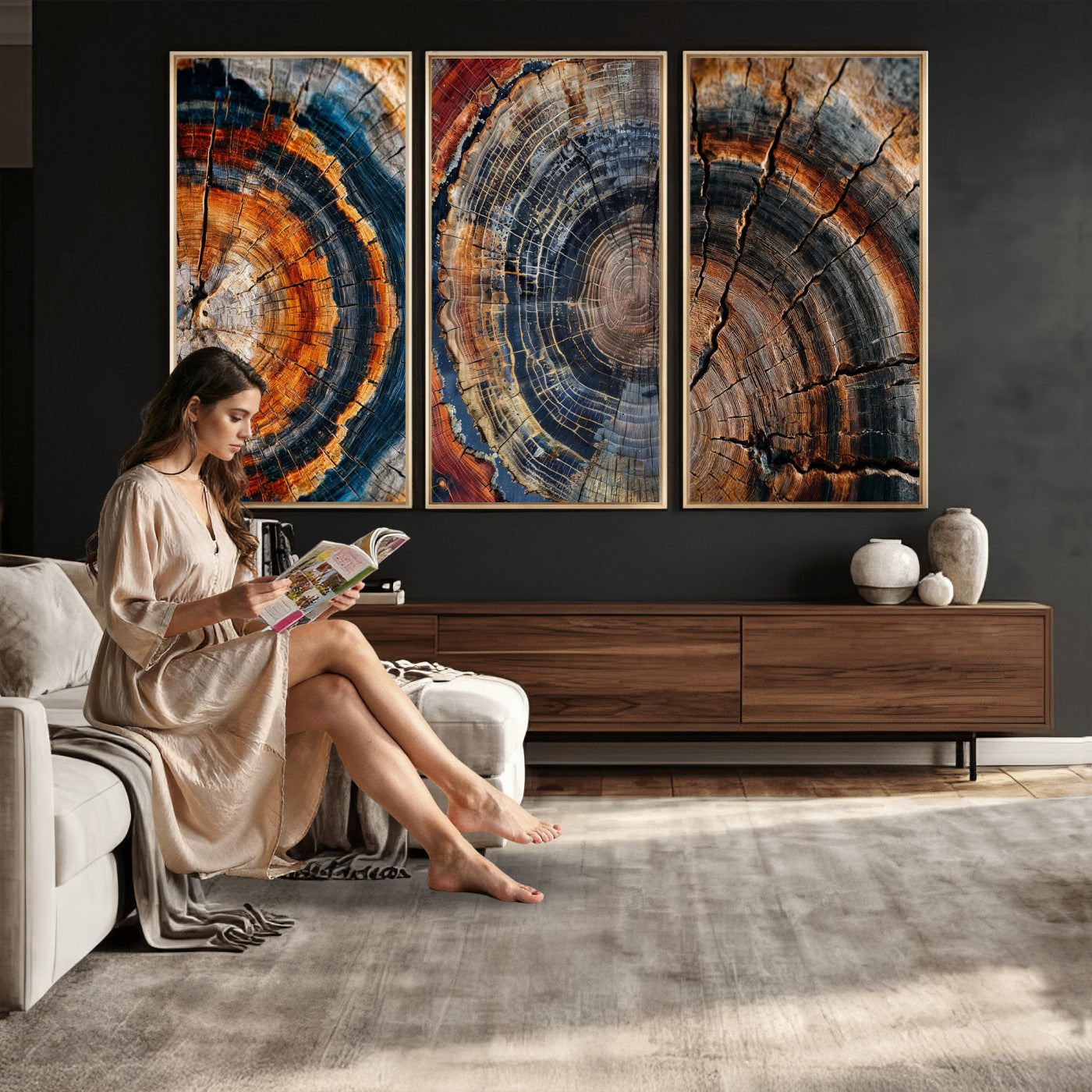 Tree Ring Triptych Canvas Wall Art — Set of 3 Wood Grain