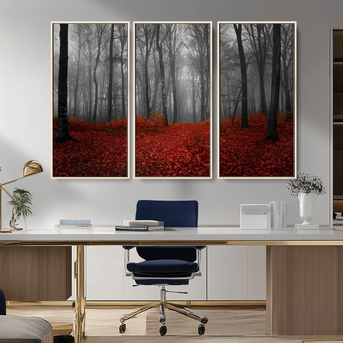 Red Forest Floor Canvas Wall Art – Mystical Foggy Woodland