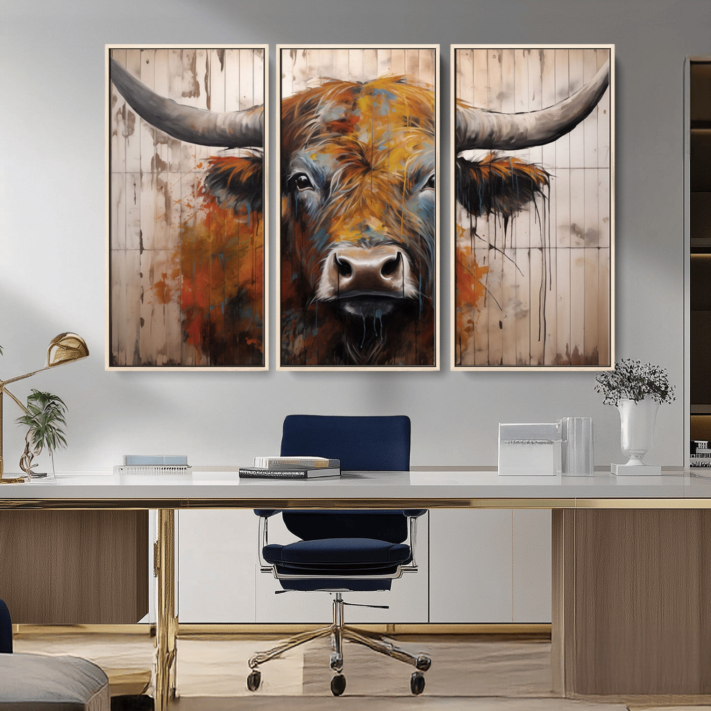 Scottish Highland Cow Cattle Art Print on Wood Style