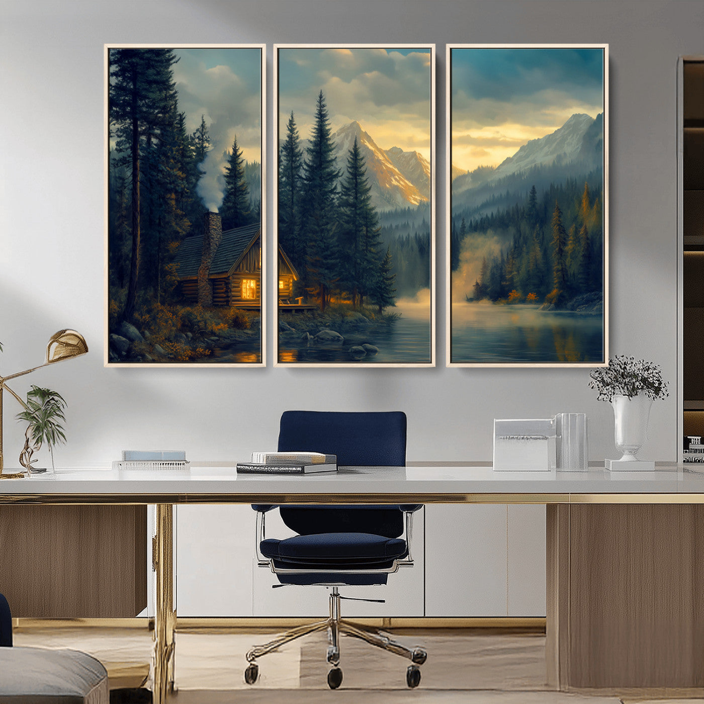 Mountain Cabin by the Lake at Sunset Wall Art - Serene