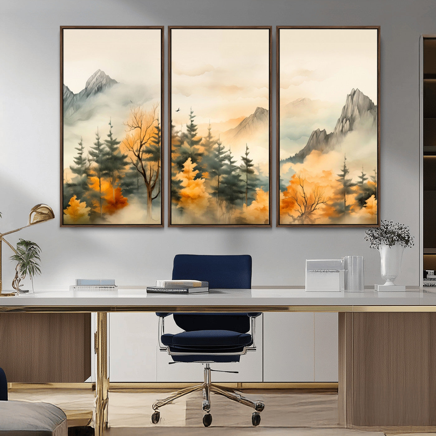 Abstract Watercolor Mountains and Trees Autumn Art,