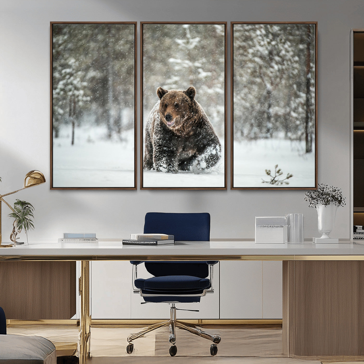 Grizzly Bear Wall Art – Framed Snowy Forest Canvas Artwork,