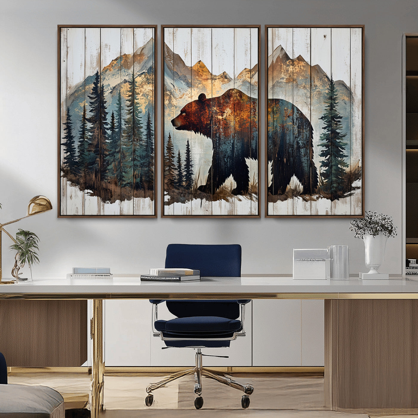 Rustic Grizzly 399 Bear and Mountain Wood Canvas Wall Art -