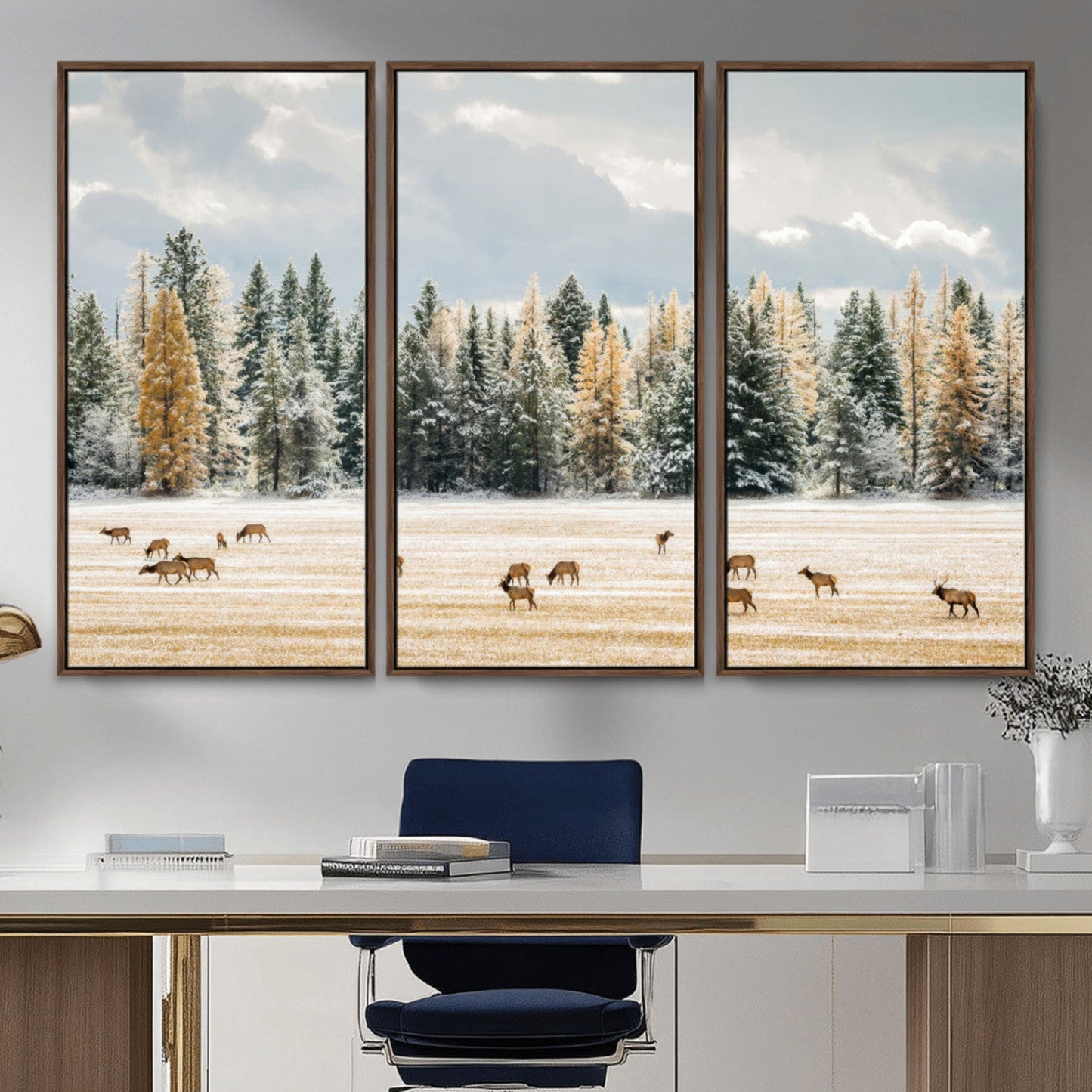 Elk Herd Wall Art – Framed Snowy Forest Canvas Artwork,