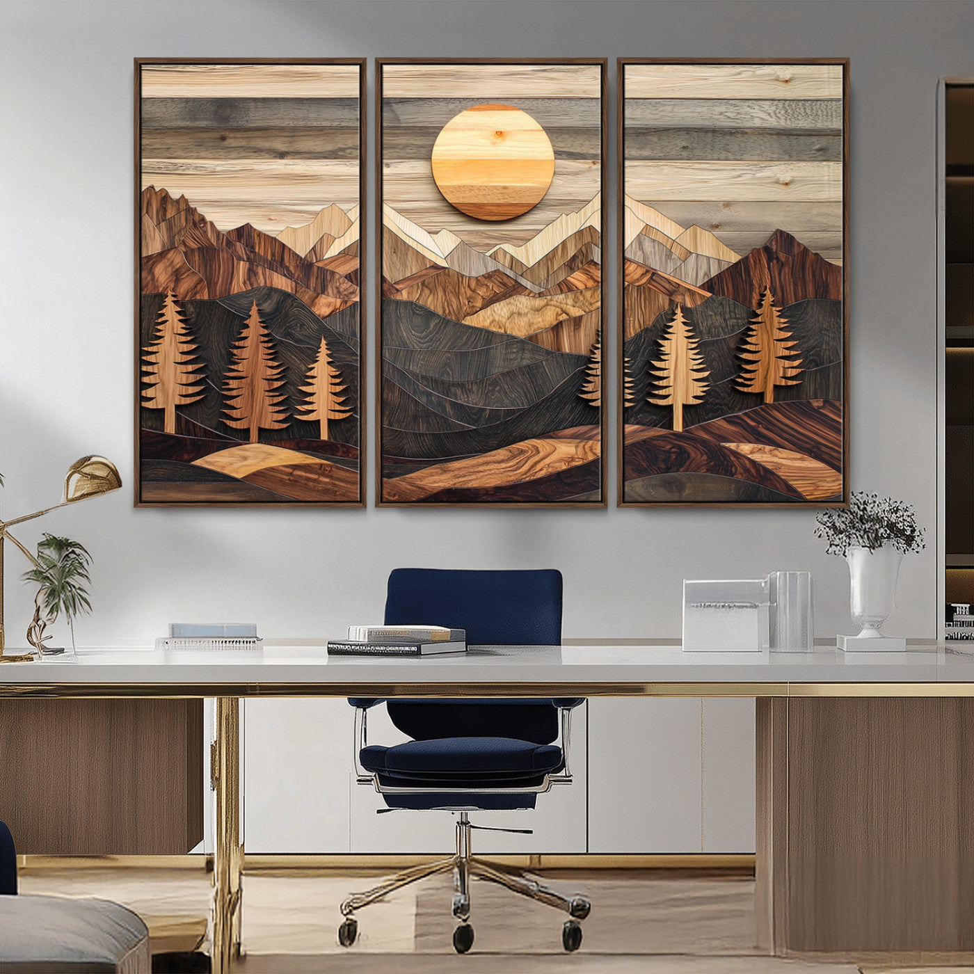 Wooden Mountain Layers Art – Rustic Pine Tree Landscape