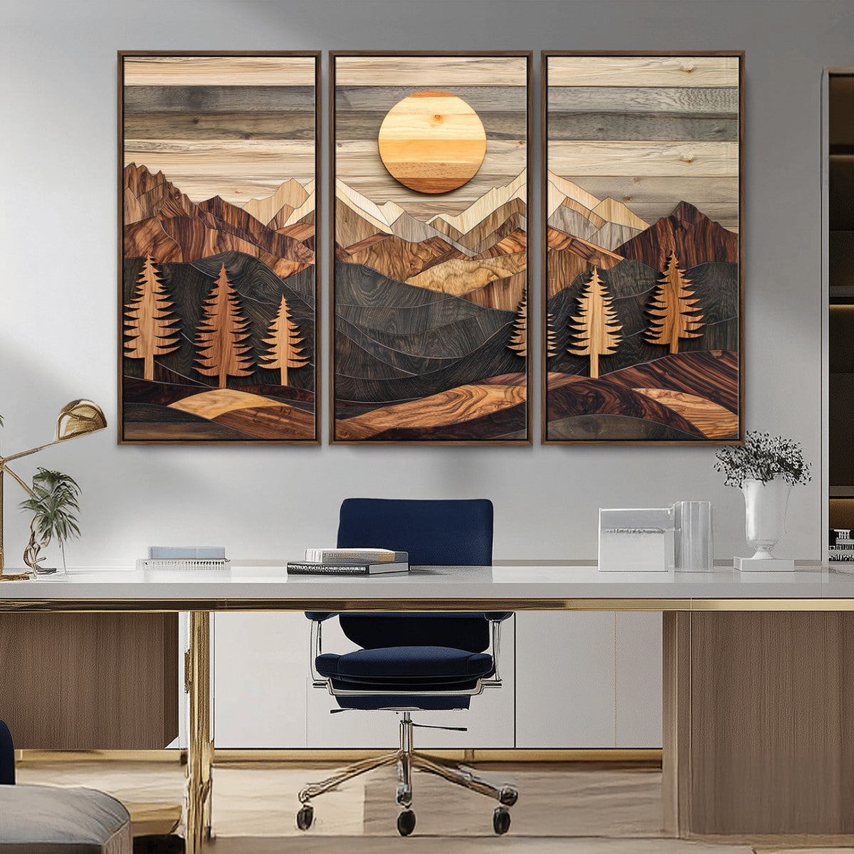 Wooden Mountain Layers Art – Rustic Pine Tree Landscape