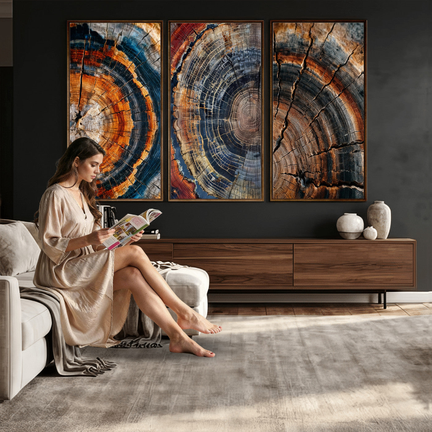 Tree Ring Triptych Canvas Wall Art — Set of 3 Wood Grain