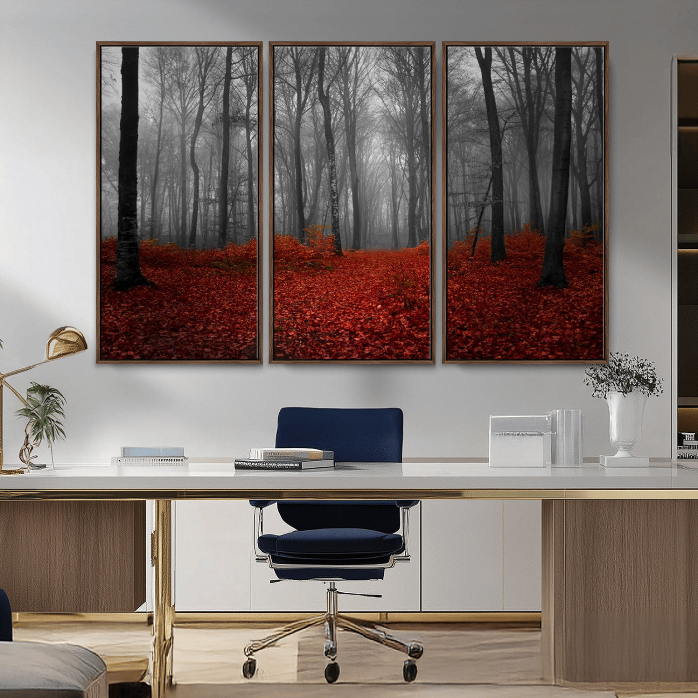 Red Forest Floor Canvas Wall Art – Mystical Foggy Woodland