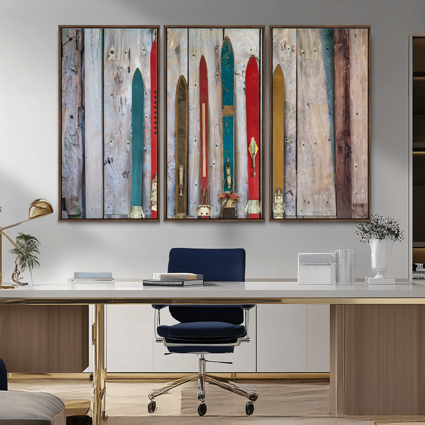 Vintage Wooden Weathered Ski's in Front of an Old Barn Wall