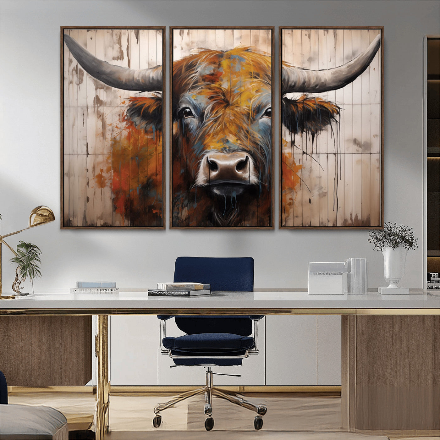 Scottish Highland Cow Cattle Art Print on Wood Style