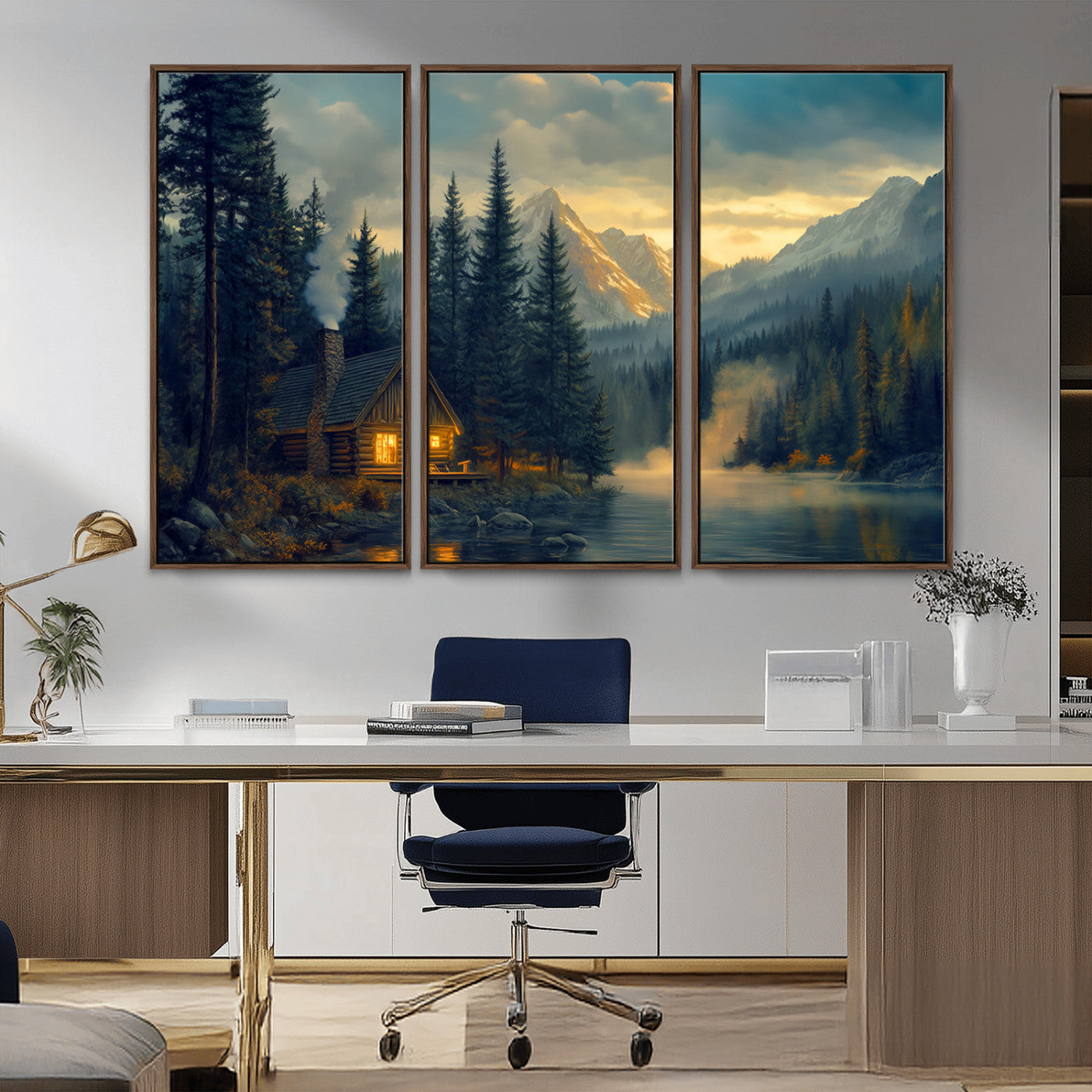 Mountain Cabin by the Lake at Sunset Wall Art - Serene