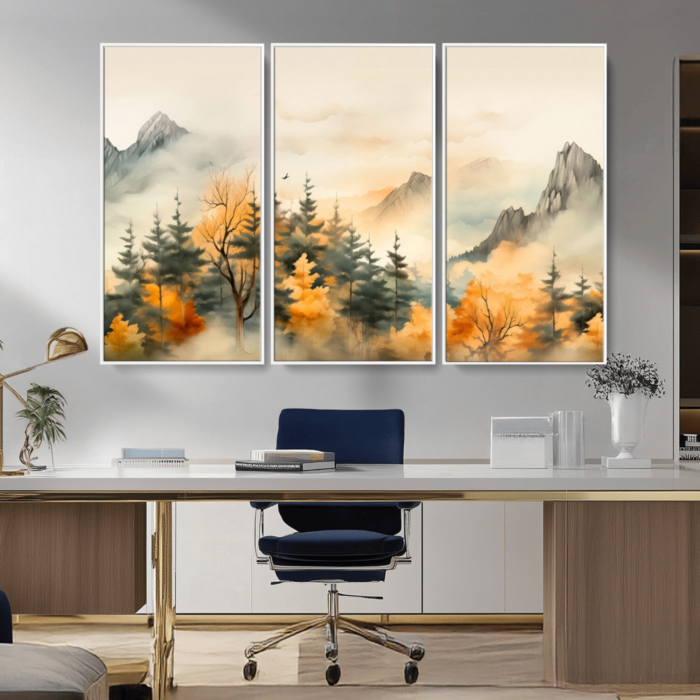 Abstract Watercolor Mountains and Trees Autumn Art,