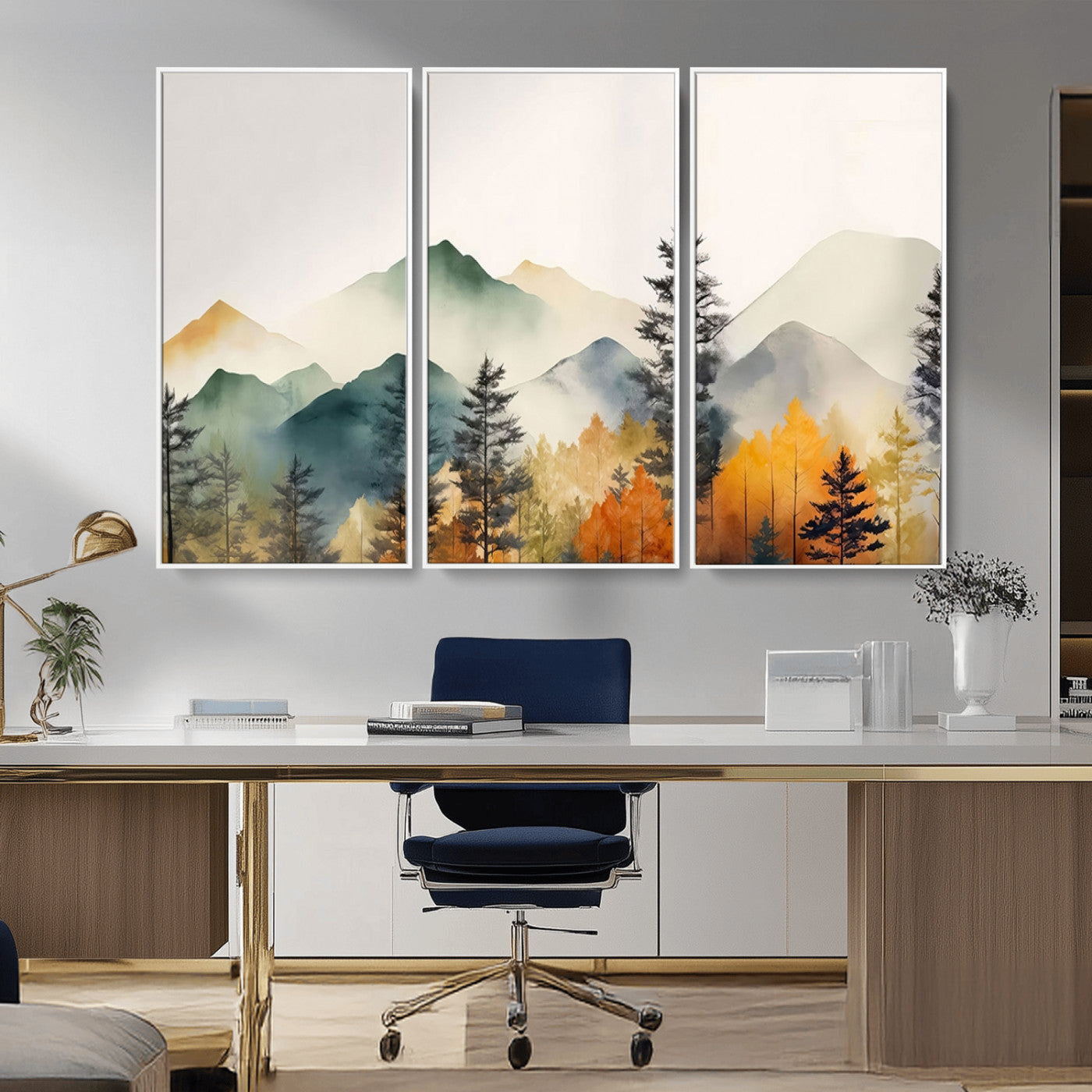Abstract Watercolor Mountains and Trees Autumn Wall Art,